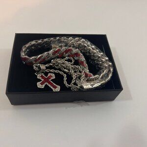 Layered Iced Chain Necklace Set - Cuban Link + Cross Pendant Red Stone Bling